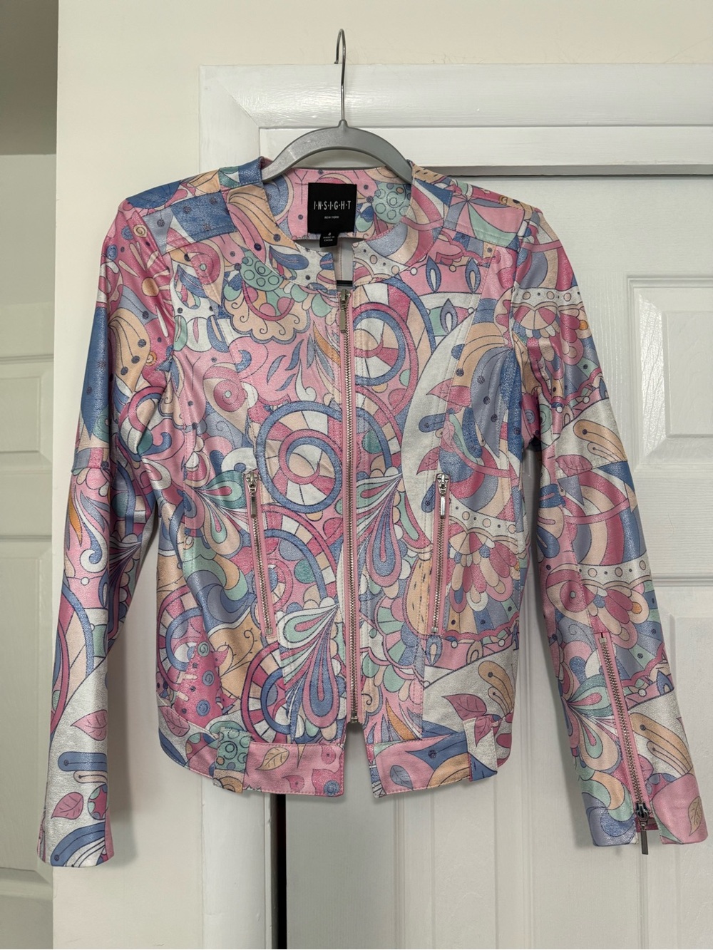 Stretchy Insight Pastel Paisley Zip-Front Leather Jacket in Pink and Blue